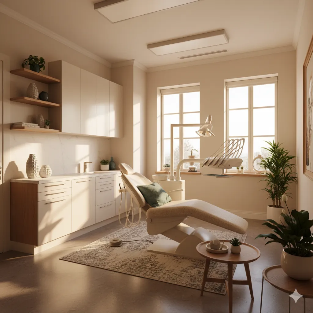 Interior moderno e acolhedor da clínica dentária