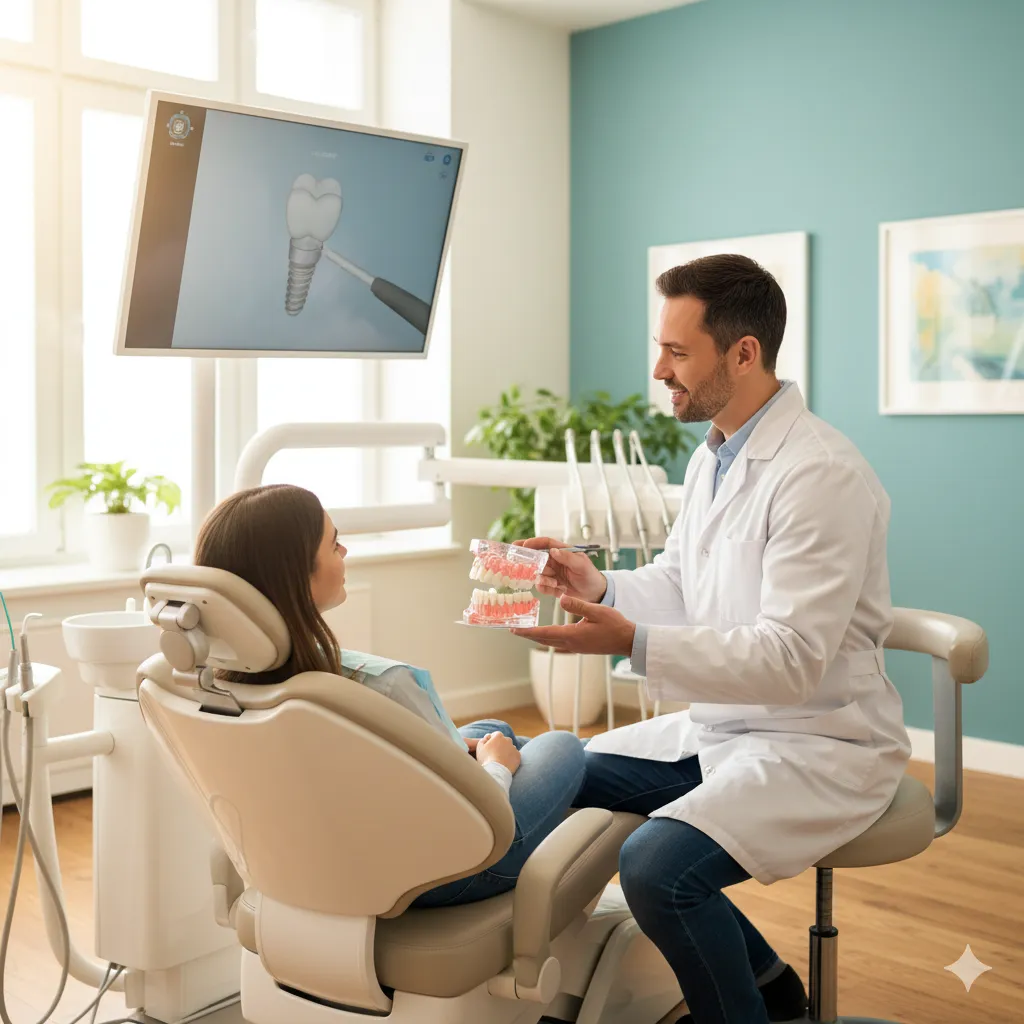 Dentista a explicar tratamento ao paciente