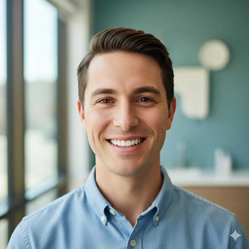 Paciente feliz a sorrir após tratamento dentário